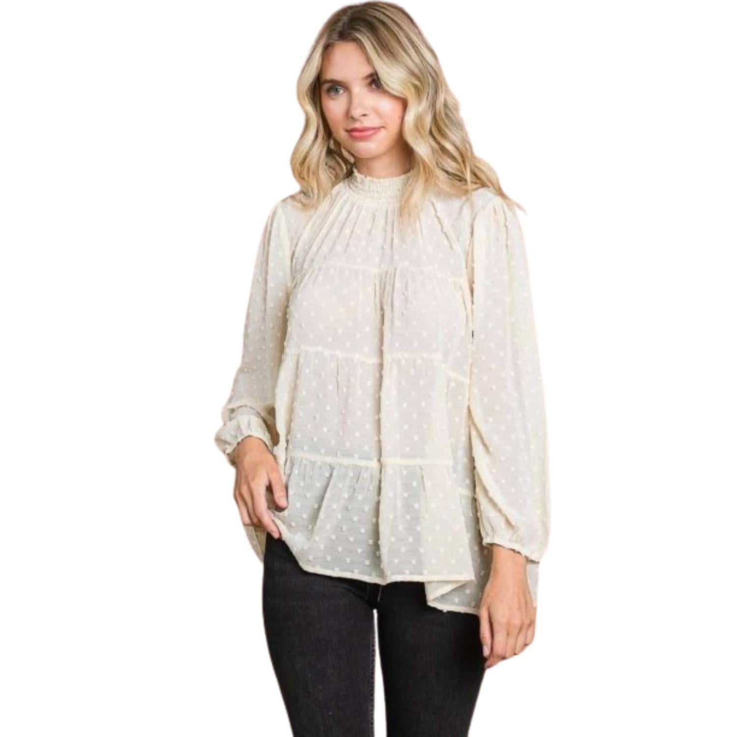Swiss Dot Smocked Ruffled Loose Blouse