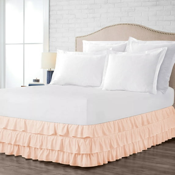 Full Size Tailored Drop Multi Ruffled Solid Bed Skirt with Adjustable Elastic Belt Microfiber Fabric Fade & Wrinkle Resistant Bed Frame Cover Easy to Fit & Care (16 Inch Drop, Peach)