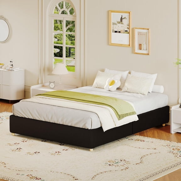 Full Size Teddy Fleece Low Cloud Bed Frame, Upholstered Platform, Solid Wood Legs, No Box Spring, Noise-Free, Easy Assembly, Black