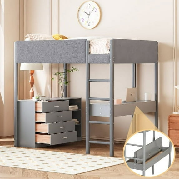 Full Size Teddy FleeceLoft Bed Wood Bed, Gray