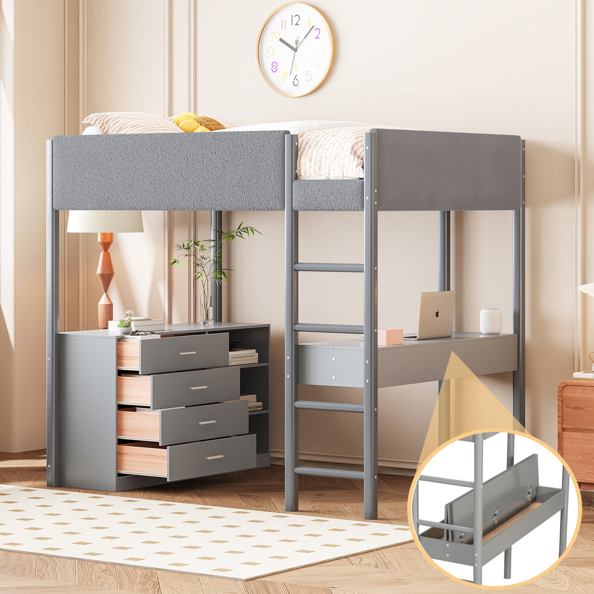 Full Size Teddy Plush Raised Bed with 4 Drawers and 3 Small Cabinets Modern and Practical Pine Loft Bed with Foldable Desk for Kids Teens and Adults Gray Walmart