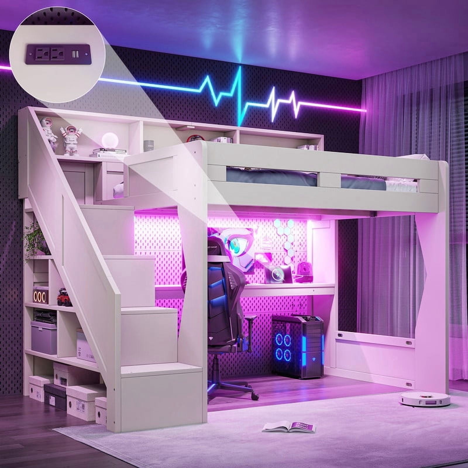 Full Size Teens Gaming Bed Frame with Storage Stair & Open Headboard Shelves, Wood Loft Bed with LED Light & Power Outlet Desk