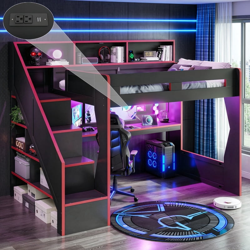 Full Size Teens Gaming Bed Frame with Storage Stair & Open Headboard Shelves, Wood Loft Bed with LED Light & Power Outlet Desk