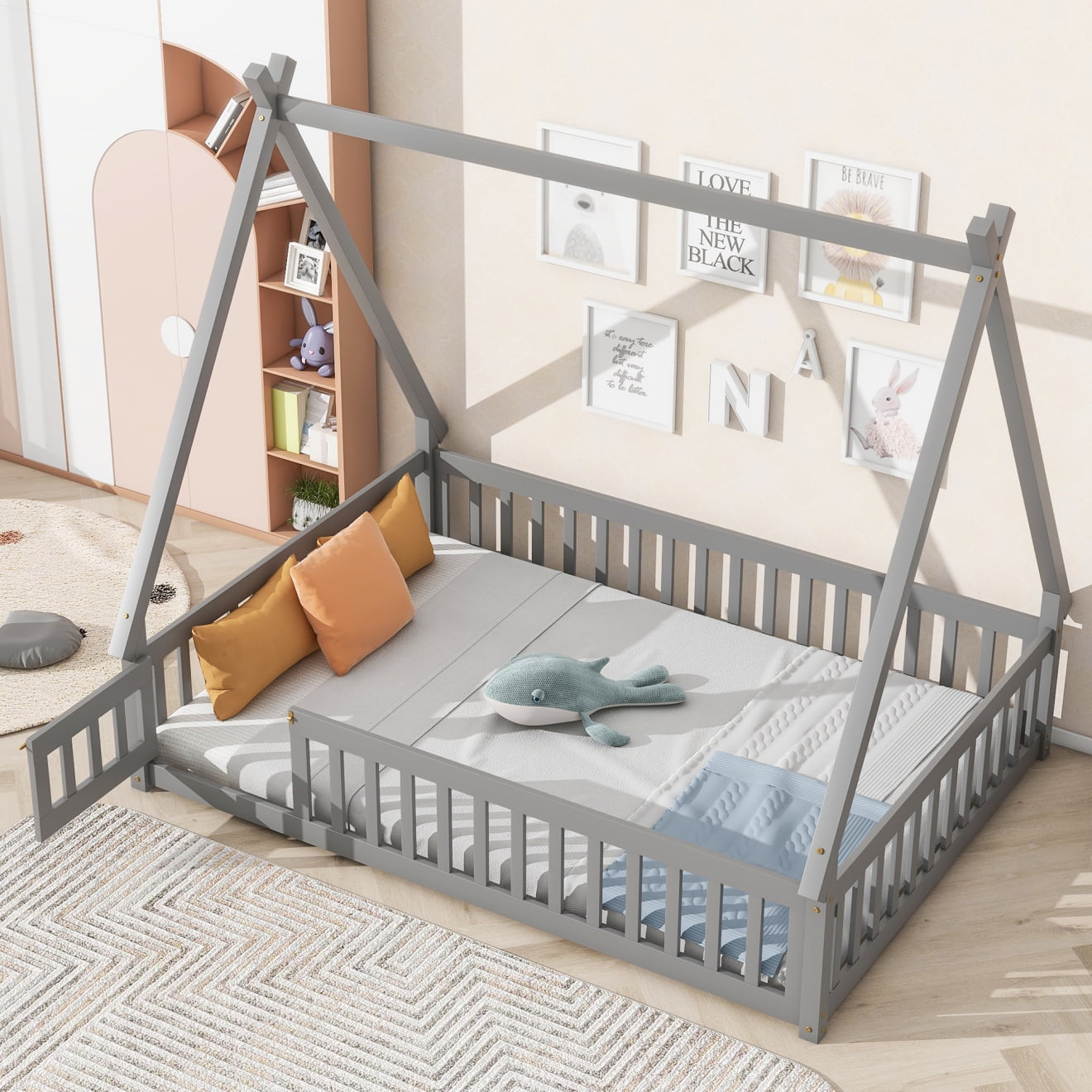 Full Size Teepee Bed Floor Bed, Wood House Montessori Bed with Fence