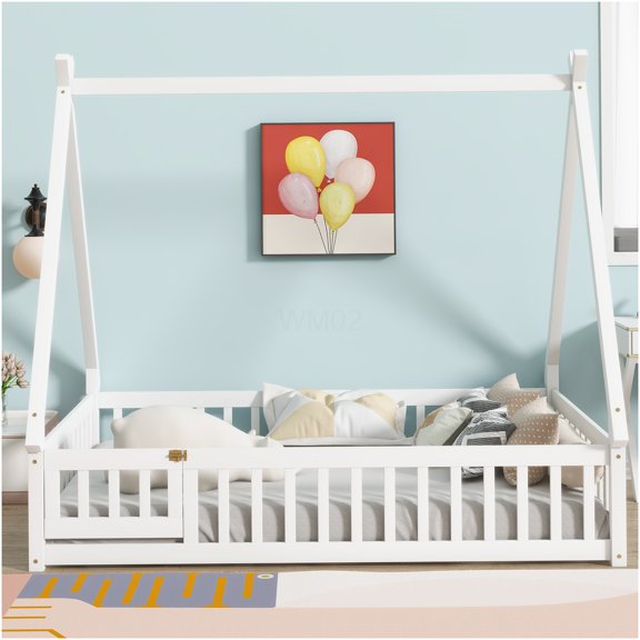 Full Size Teepee Floor Bed with Guardrails, Low Profile Fort Design Bed Frame, White