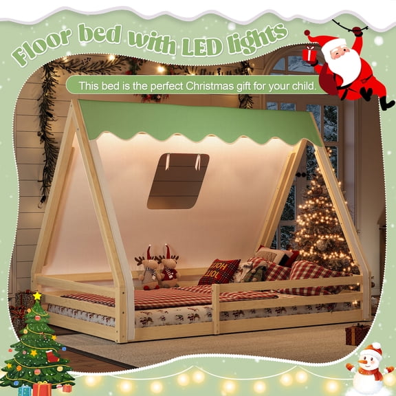 Full Size Teepee Floor Bed with Tent and Lights, Solid Wood House Bed with Guardrails for , Montessori Low Bed, Natural+Green, 78.3L x 57W x 57.6H