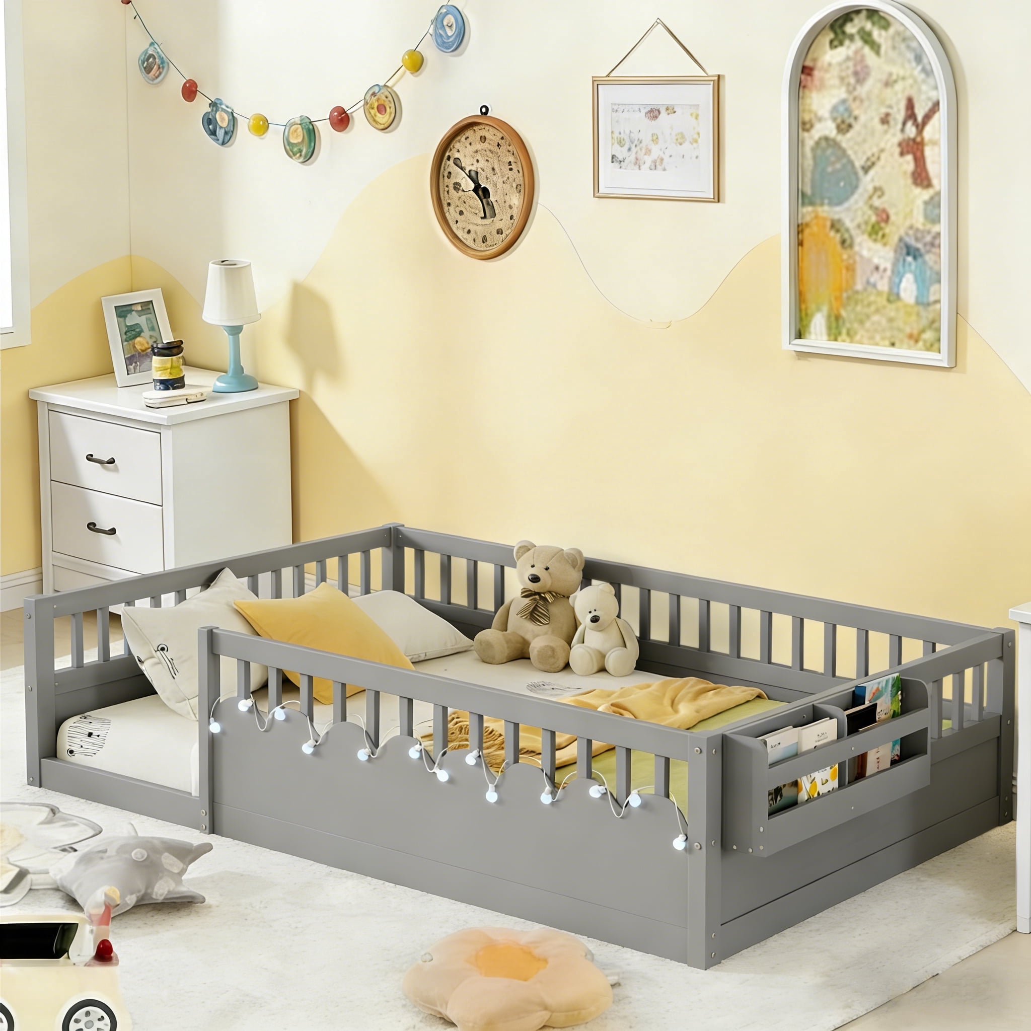 Full Size Toddler Floor Bed Frame, Montessori Floor Bed with Guardrails, Pine Wood Bed Frame for Kids, No Slats Included, Gray