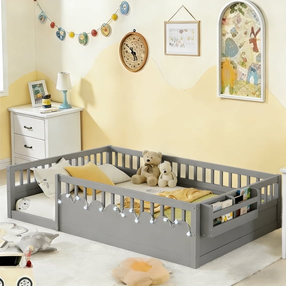 Full Size Toddler Floor Bed Frame, Montessori Floor Bed with Guardrails, Pine Wood Bed Frame for Kids, No Slats Included, Gray