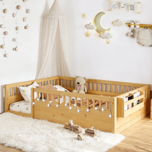 Full Size Toddler Floor Bed Frame, Montessori Floor Bed with Guardrails, Pine Wood Bed Frame for Kids, No Slats Included, Natural