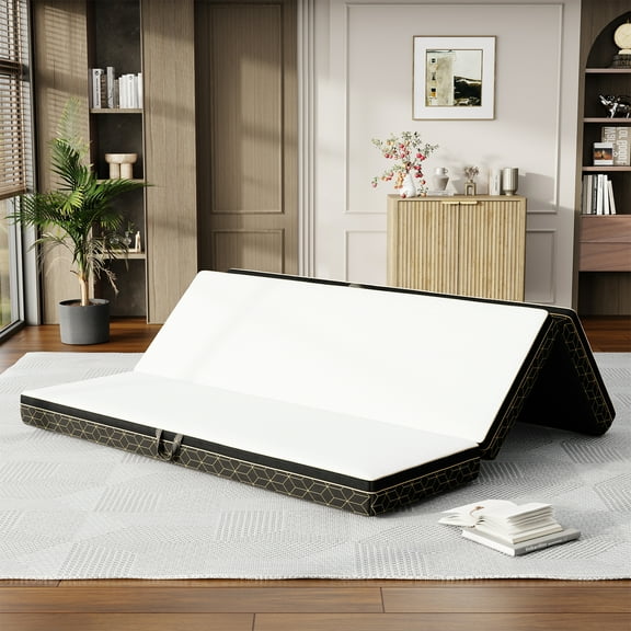 Full Size Tri Folding Mattress 6 inch Memory Foam Guest Bed with Washable Cover and Non-slip Bottom for Travel RV Camping, White, 73" x 52" x 6"