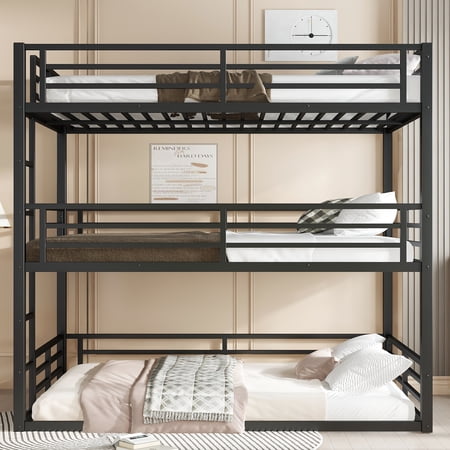 Full Size Triple Bunk Bed, Heavy-Duty Metal Frame with Safety Guardrails, Noise-Reduced Design, Space-Saving for Shared Rooms/Hostels, 350lb Capacity, Black