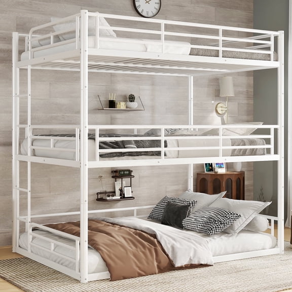 Full over Full over Full Bunk Bed, Metal Triple Bunk Bed with Safety Guardrails, Heavy-duty Bunk Bed with Noise-reduced Design, White,Ships 2 Pkgs