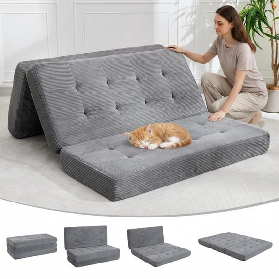 Full Size Tufted Collapsible Sofa Bed – 6-Inch Tri-Fold Floor Couch for Bedroom, Living Room, RV, Camping