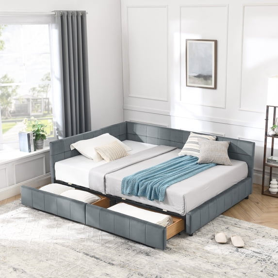 Full Size Tufted Corner Daybed with 2 Storage Drawers, Velvet Upholstered Sofa Bed Frame with Backrests and Sturdy Slats for Bedroom & Living Room Use, No Box Spring Required, Grey