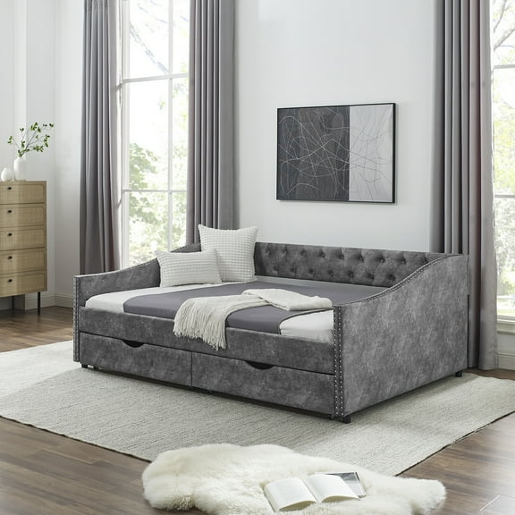 Full Size Tufted Upholstered Daybed with Storage Drawers, Mid-Century Style Grey Polyester Sofa Bed for Living Room, 80.5" W x 55.5" D, 500lb Capacity