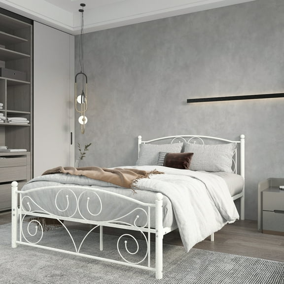 Full Size Unique Flower Metal Bed Frame Sturdy System with Headboard & Footboard for Bedroom
