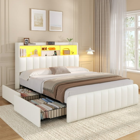 Full Size Upholstered Bed with Bookcase Headboard, Bed Frame with 4 Oversized Storage Drawers, Full Platform Bed Frame with LED Lights and Charging Station, Strong Metal Slats, White