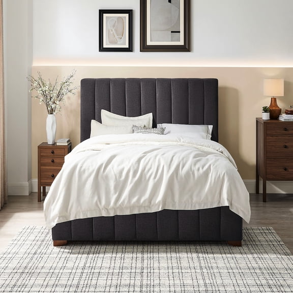 Full Size Upholstered Bed With Dark Grey Headboard And Stable Wooden Support Slats, No Box Spring Needed For A Sound Night's Sleep Queen Frame Strong Required Stability