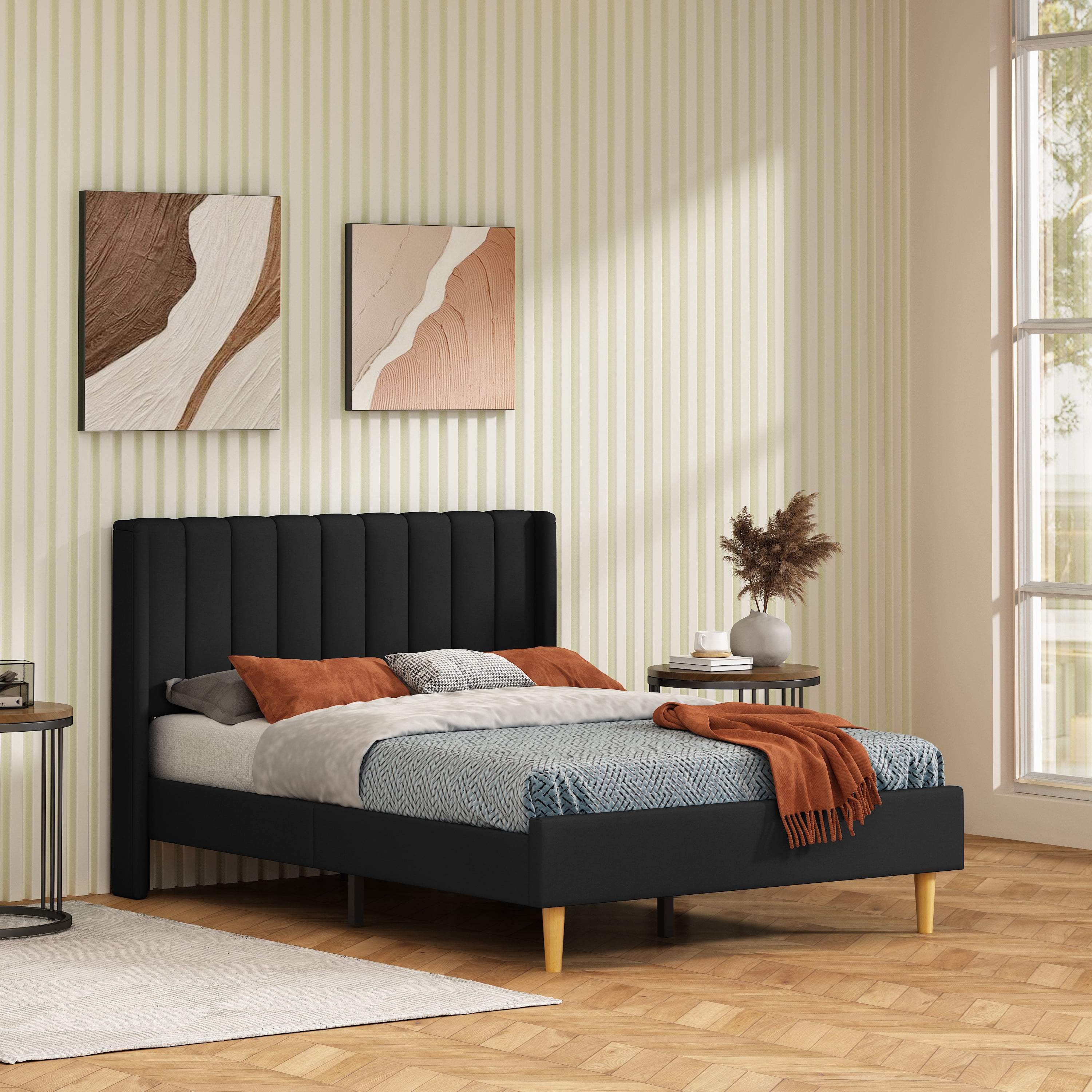 Full Size Upholstered Bed Frame,40.9" High Headboard,Strong Metal Frame,Wooden Slats Support,No Box Spring Needed,Easy Assembly,Linen Fabric,Black