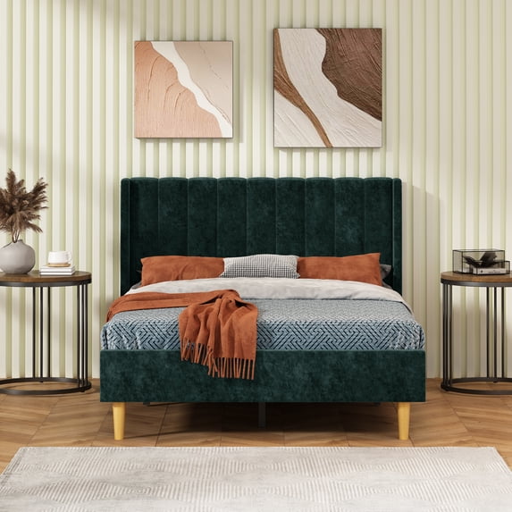 Full Size Upholstered Bed Frame,40.9" High Headboard,Strong Metal Frame,Wooden Slats Support,No Box Spring Needed,Easy Assembly,Velvet Fabric,Ink Green