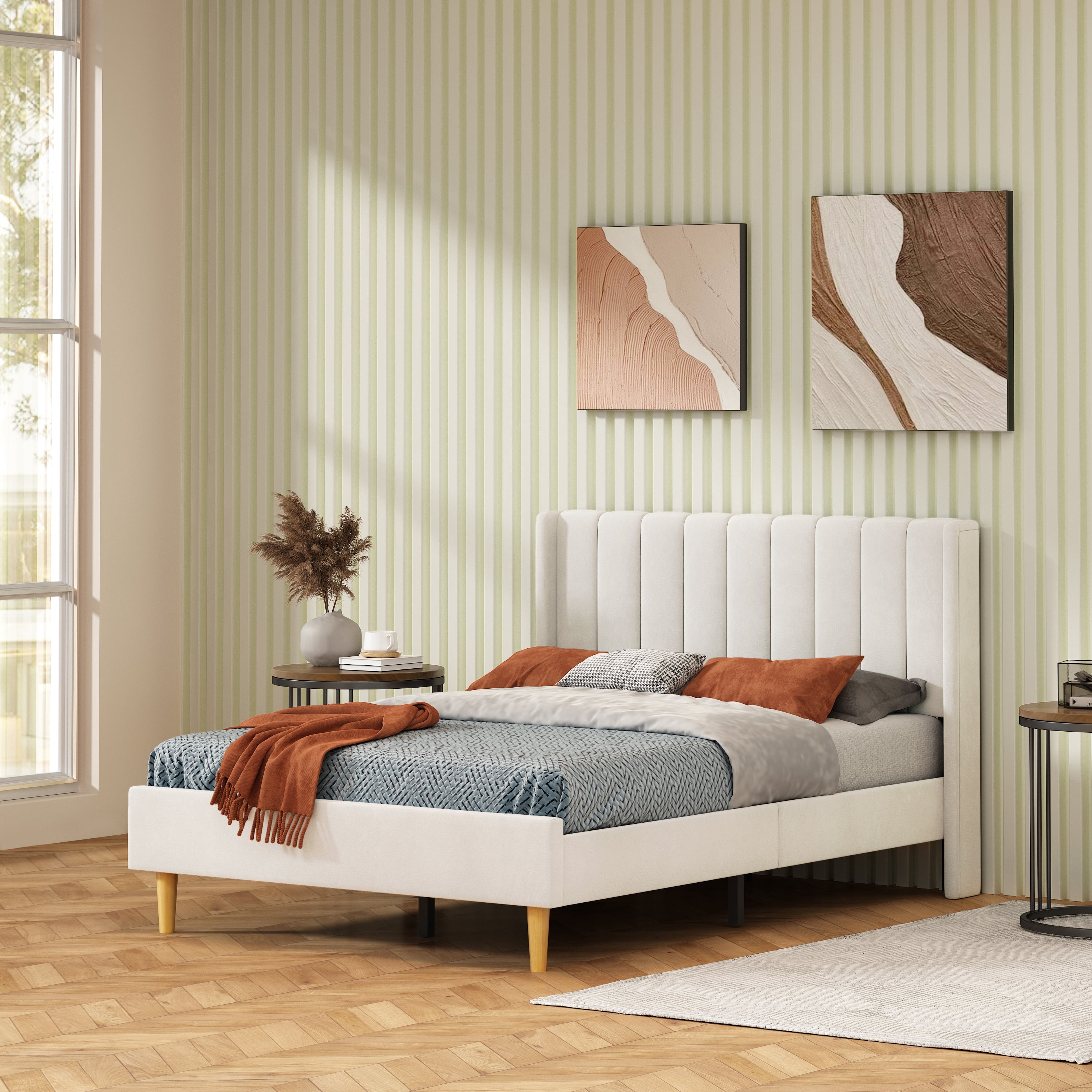 Full Size Upholstered Bed Frame,40.9" High Headboard,Strong Metal Frame,Wooden Slats Support,No Box Spring Needed,Easy Assembly,Velvet Fabric,Cream