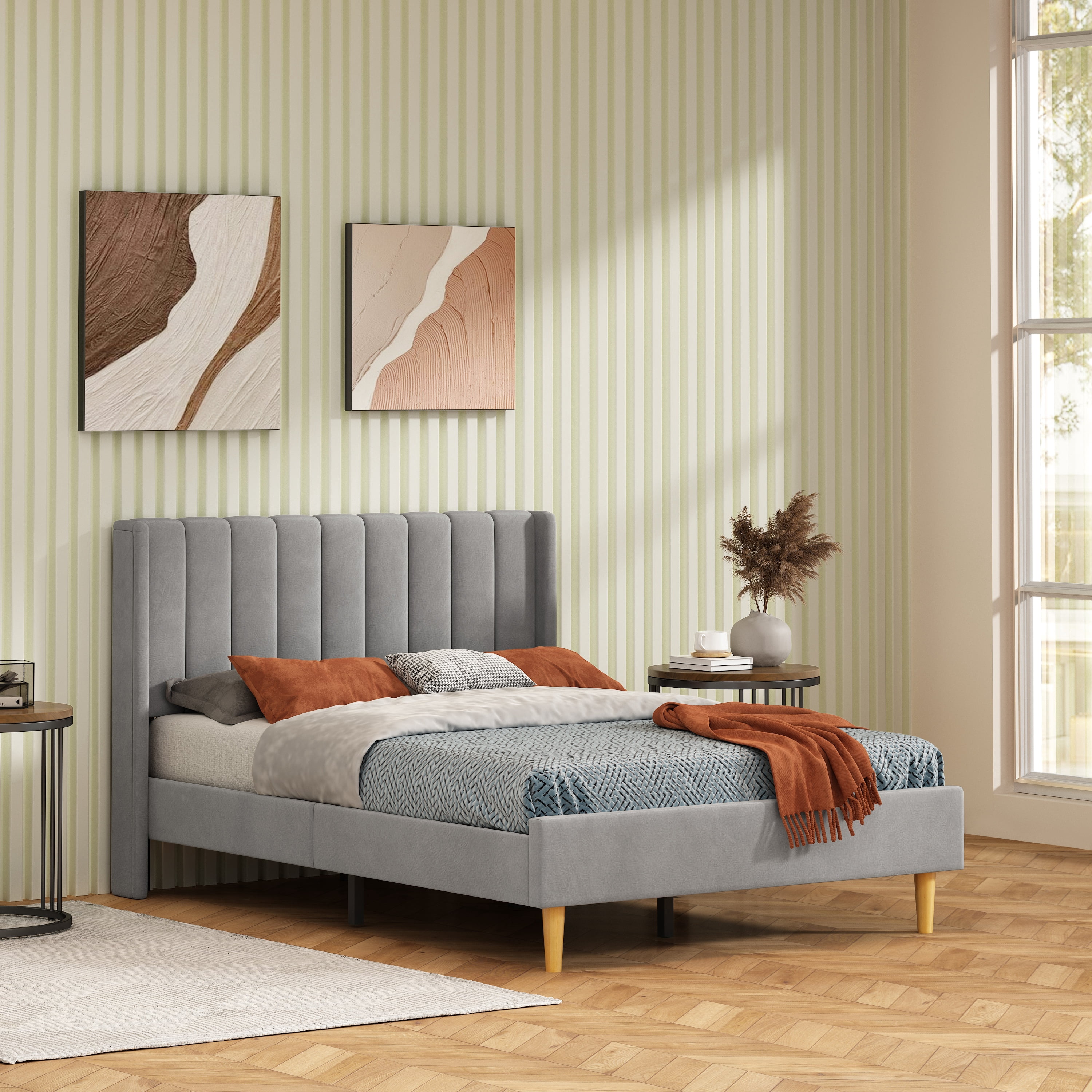 Full Size Upholstered Bed Frame,40.9" High Headboard,Strong Metal Frame,Wooden Slats Support,No Box Spring Needed,Easy Assembly,Velvet Fabric,Gray