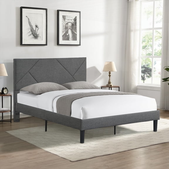 Full Size Upholstered Platform Bed Frame with Headboard,Strong Wood Slat Support,No Box Spring Needed,Easy Assembly,Gray (for Bedroom)