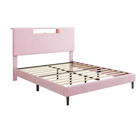 Full Size Upholstered Bed Frame High Headboard LED Lights Charging Port Wooden Slat Support Platform Easy Assembly Pink-Christmas decorations