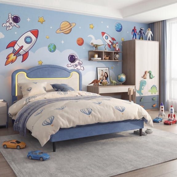 Full Size Upholstered Bed Frame with LED Lights and Fabric Headboard, Princess Platform Bed for Girls with Wood Slats, No Box Spring Needed in Blue and White