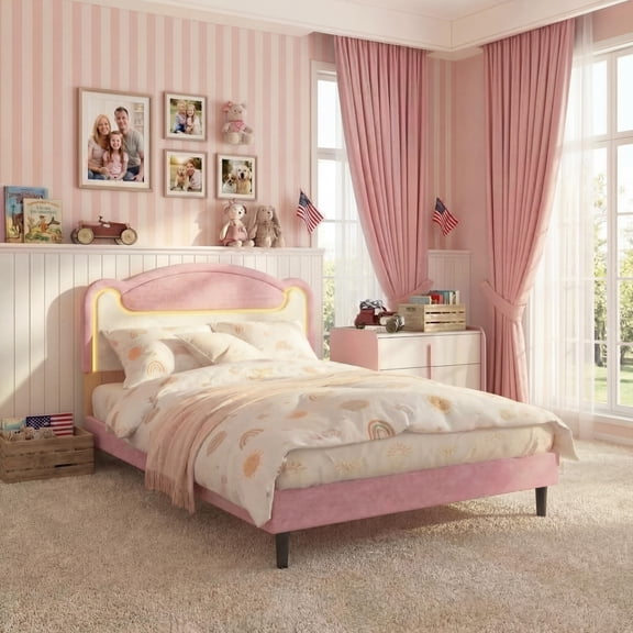 Full Size Upholstered Bed Frame with LED Lights and Fabric Headboard, Princess Platform Bed for Girls with Wood Slats, No Box Spring Needed in Pink and White