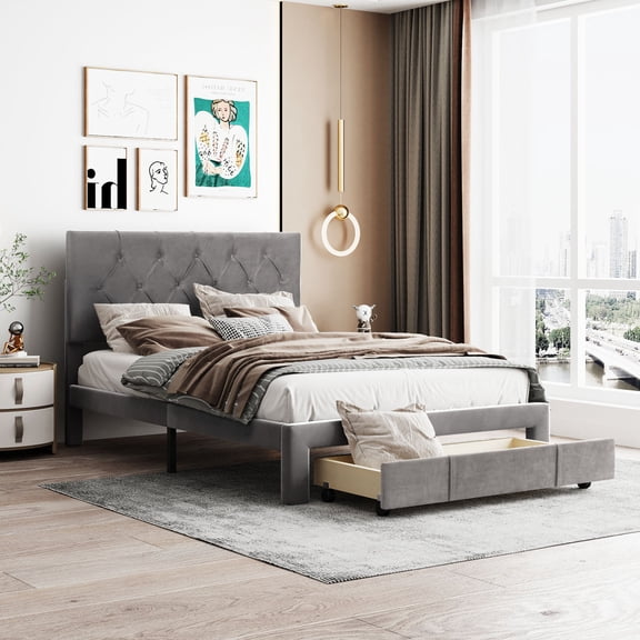Full Size Upholstered Bed Frame, Platform Bed Frame with Storage Drawers, Full Size Bed Include Velvet Headboard Wingback and Strong Wood Slats Support, No Box Spring Needed, Gray