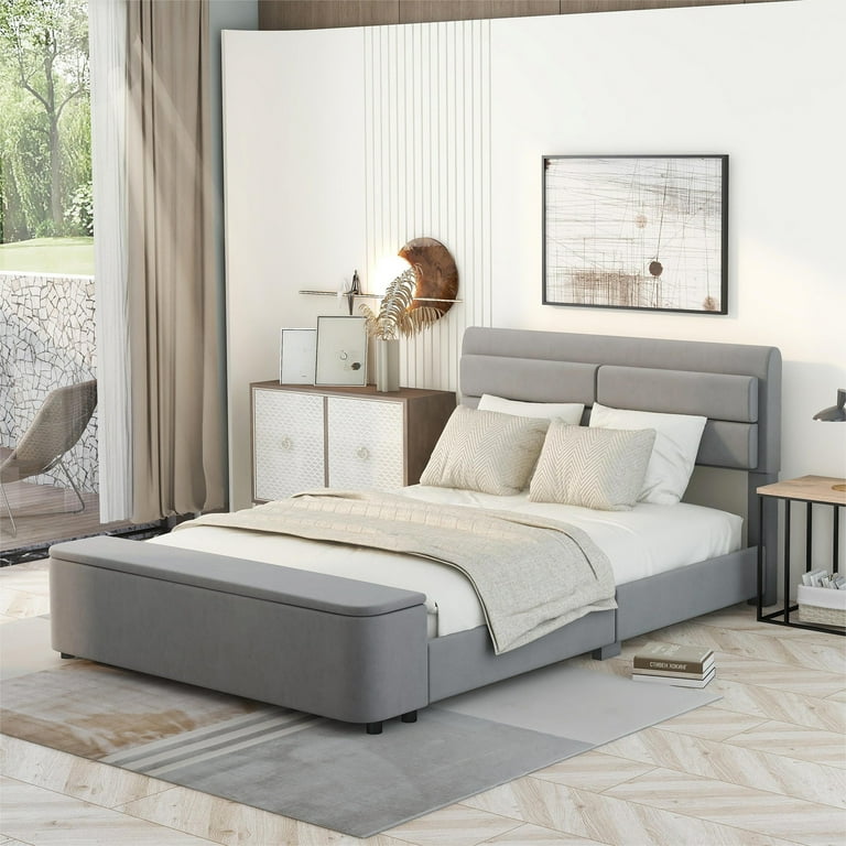 Full Size Upholstered Bed Frame with Storage Headboard and Footboard Full Storage Platform Bed Bed with Padded Headboard Strong Wood Slats Support