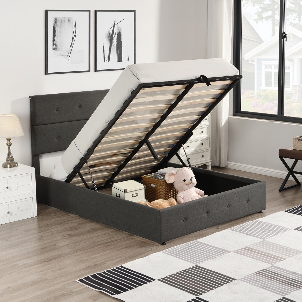 Full Size Upholstered Bed Frame with Underneath Storage Space, Platform Bed Frame with Metal