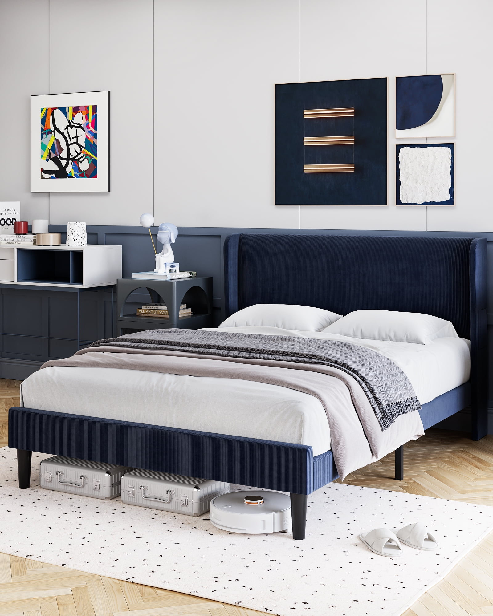 Full Size Upholstered Bed Frame with Wingback Headboard, Velvet