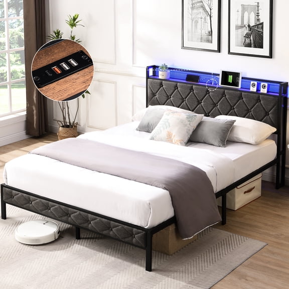 Full Size Upholstered Bed Frame With Charging & Storage - Noise- Gray Platform Dark Led Lights