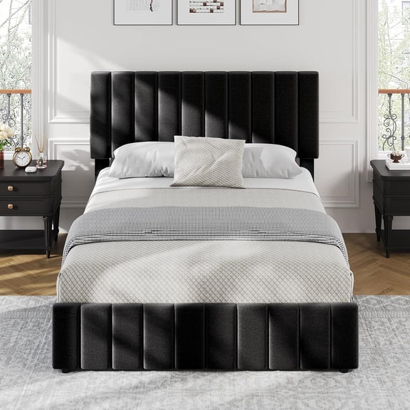 Full Size Upholstered Bed Frame with 4 Storage Drawers, Adjustable Headboard, Wood Slats, No Box Spring, Black