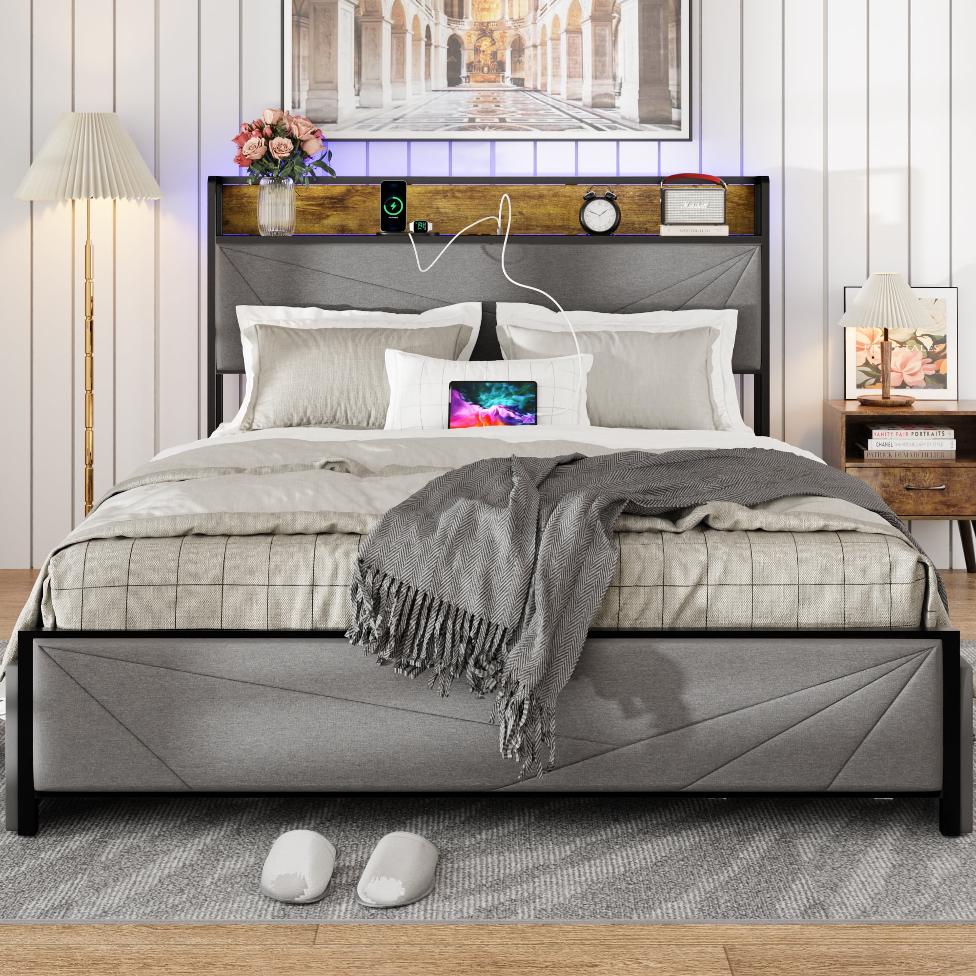 Full Size Dark Grey Upholstered Bed Frame with Storage Drawers and USB Ports