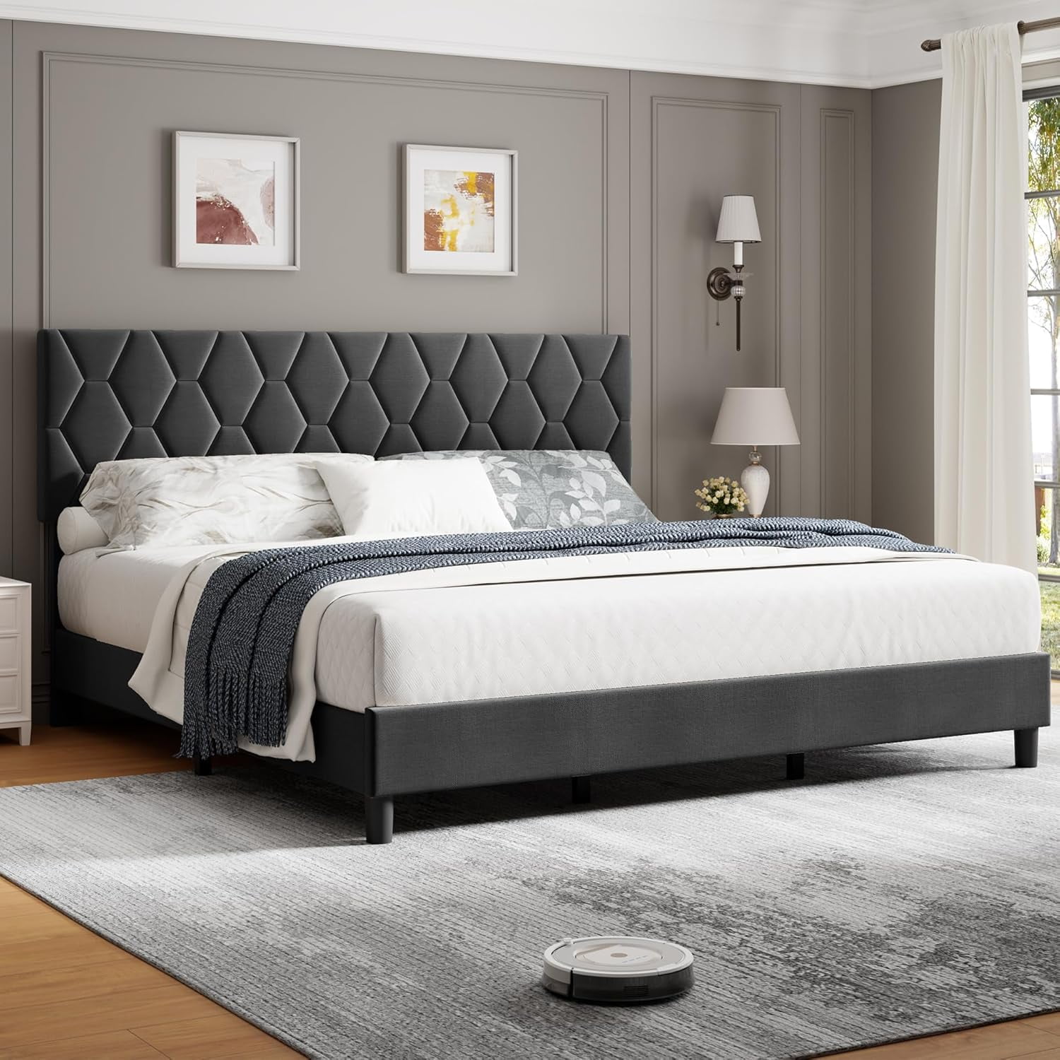 Full Size Upholstered Bed Frame with Headboard, Diamond Pattern, Wood Slats, No Box Spring, Easy Assembly