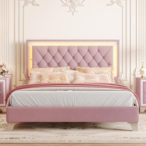 Full Size Upholstered Bed Frame with LED Lights,Modern Velvet Platform Bed with Tufted Headboard,Pink