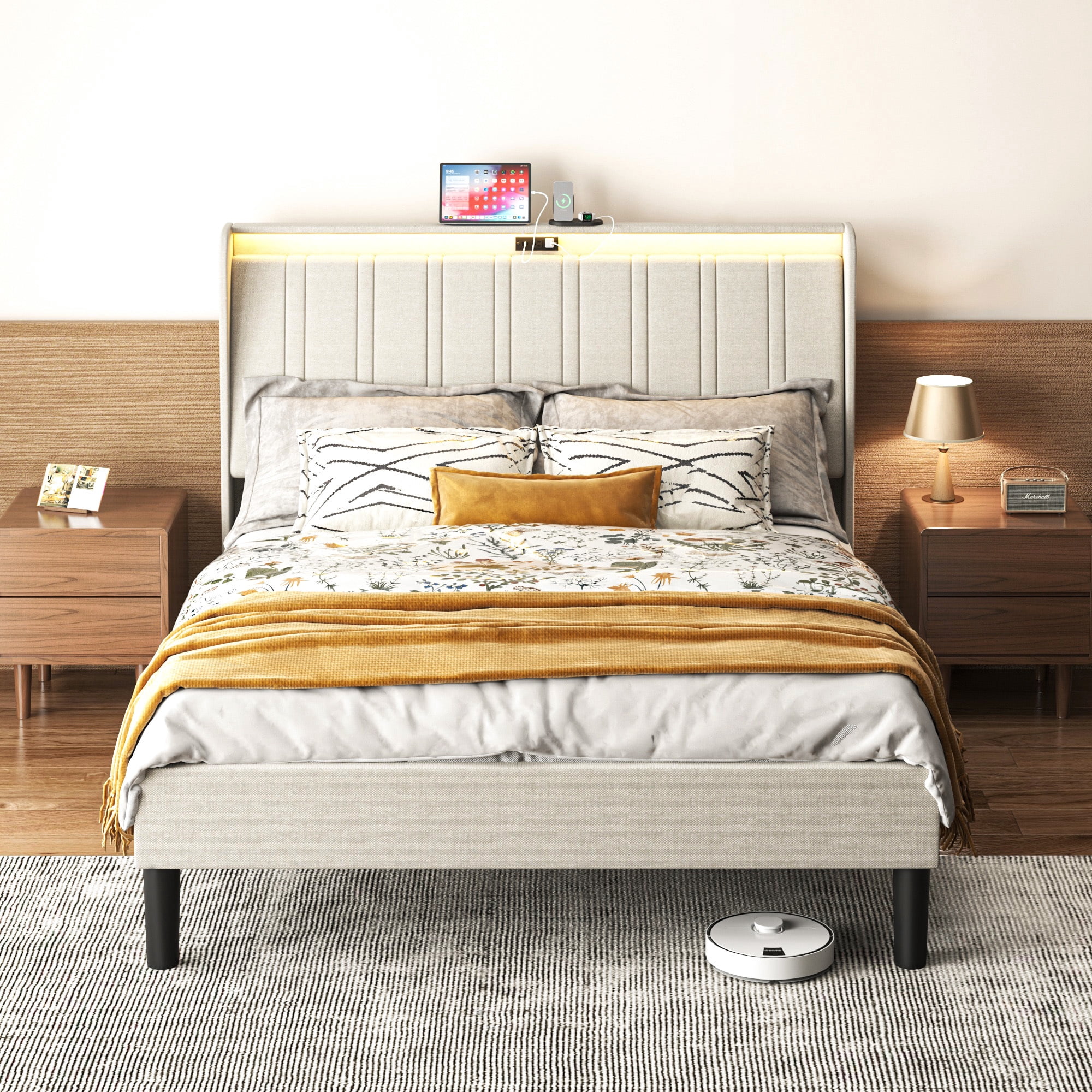 Full Size Upholstered Bed Frame with LED Lights, Platform Bed Frame with Fabric Upholstered Headboard, Beige