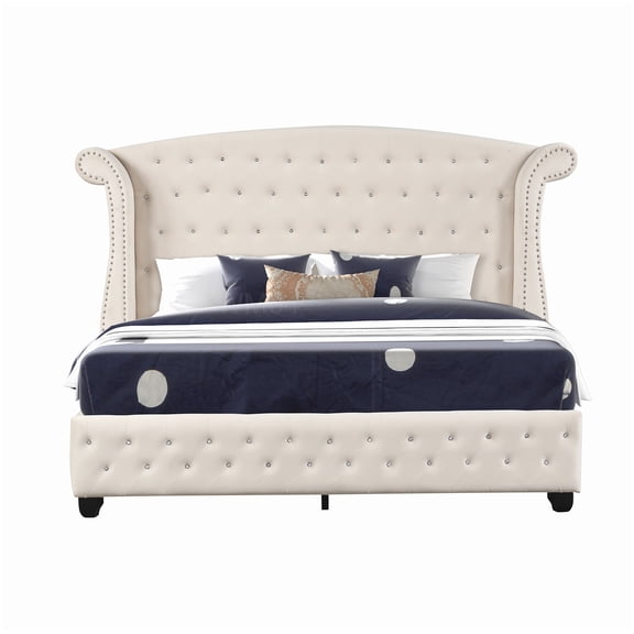 Full Size Upholstered Bed Frame with Tufted Headboard, Cream Velvet Platform Bed, Wood Support, No Box Spring