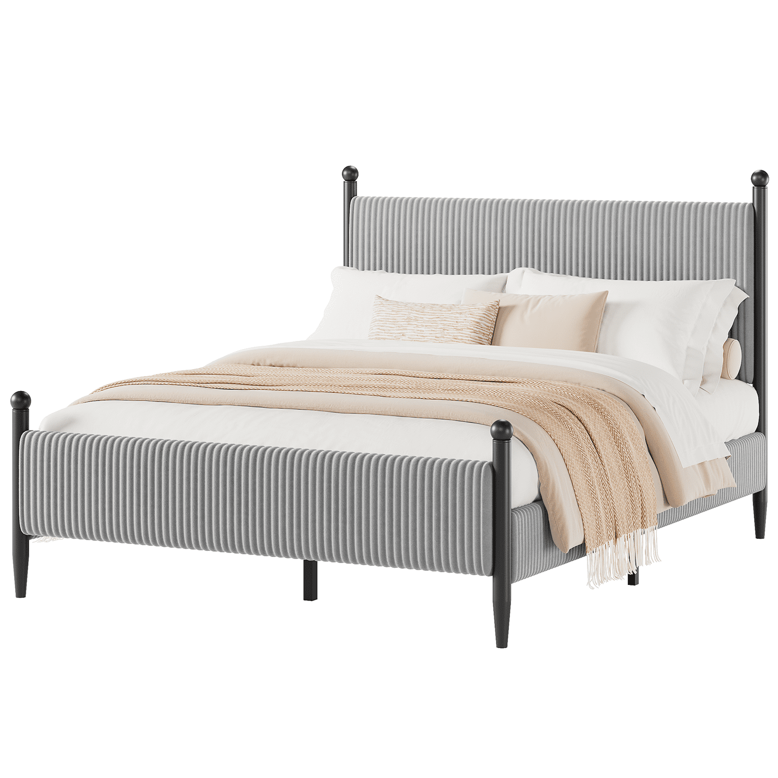 Full Size Upholstered Bed Frame with Velvet Headboard, Soft Corduroy Fabric Platform Bed with Wooden Slats Support, No Box Spring Needed, Grey