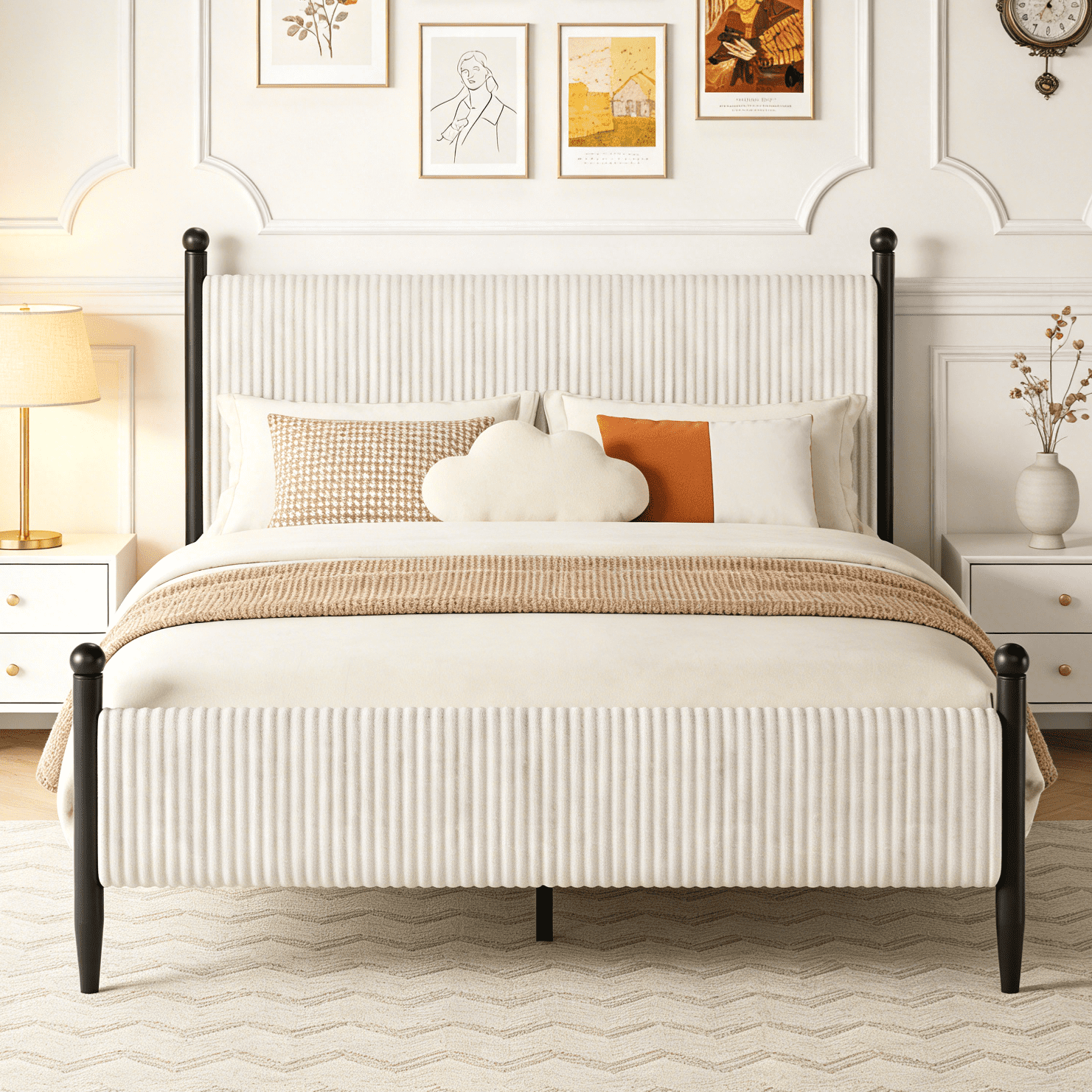Full Size Upholstered Bed Frame with Velvet Headboard, Soft Corduroy Fabric Platform Bed with Wooden Slats Support, No Box Spring Needed, White