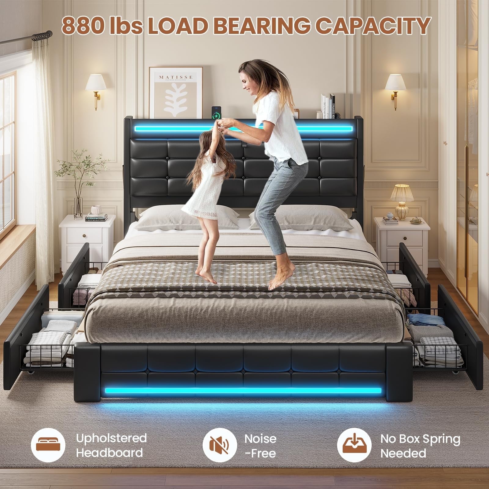 Full Size Upholstered Bed Frames with Headboard & Drawers, Platform Bed Frame with LED Light and Charging Station, Storage,No Box Spring Needed, Easy Assembly, Black PU