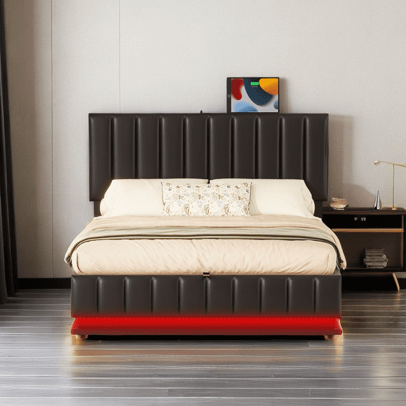 Full Size Upholstered Bed with Hydraulic Storage System and LED Light, Modern Platform Bed with Sockets and USB Ports, Storage Bed Frame with Wood Support Slats for Bedroom