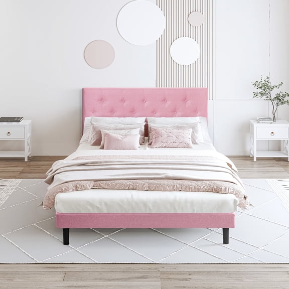 Full Size Upholstered Bed In Pink With Linen Headboard - No Box Spring Needed, Simple To Put Together, Build Platform Featuring Modern Button Wood Slat Foundation, Easy Assembly, 500 Lbs Weight Limit