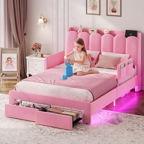 Full Size Upholstered Bed with Storage Drawer and LED Light,Full Bed Frame with Safety Guardrails and Chic Wavy Headboard,Velvet Princess Bed with Charging Station,Heavy Duty Metal Support,Pink