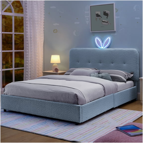 Full Size Upholstered Bed with Bunny Ear Headboard, LED Lights, 4 Storage Drawers, Navy Boucle Fabric
