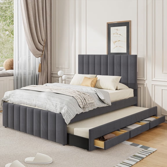 Full Size Upholstered Bed with Trundle & 3 Drawers, Linen Gray