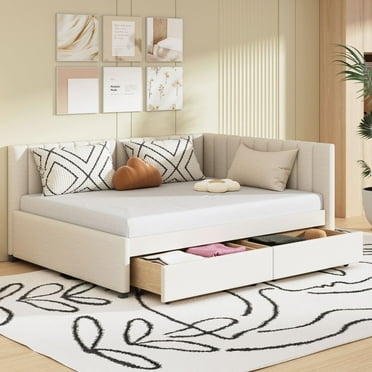 Full Size Upholstered Daybed with 2 Storage Drawers, Semi-Enclosed Sofa Bed with L-shaped Vertical Stripe Backrest, Wooden Platform Bed Frame for Kids & Adults, No Box Spring Needed, Beige